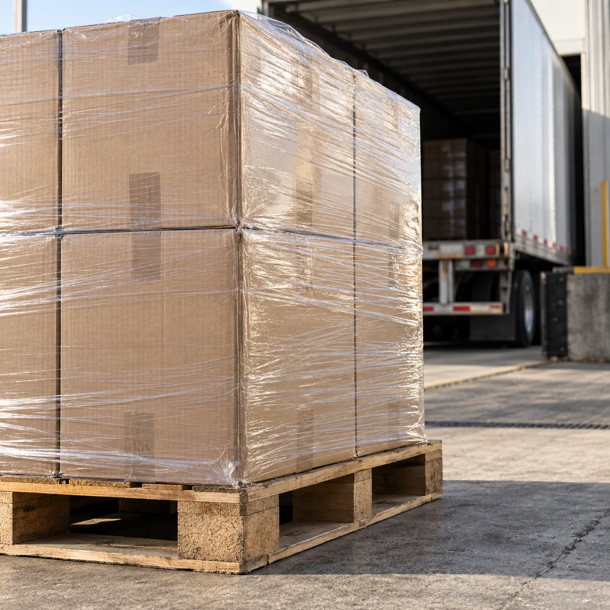 Illustrative wrapped cartons on a wooden pallet near a loading dock