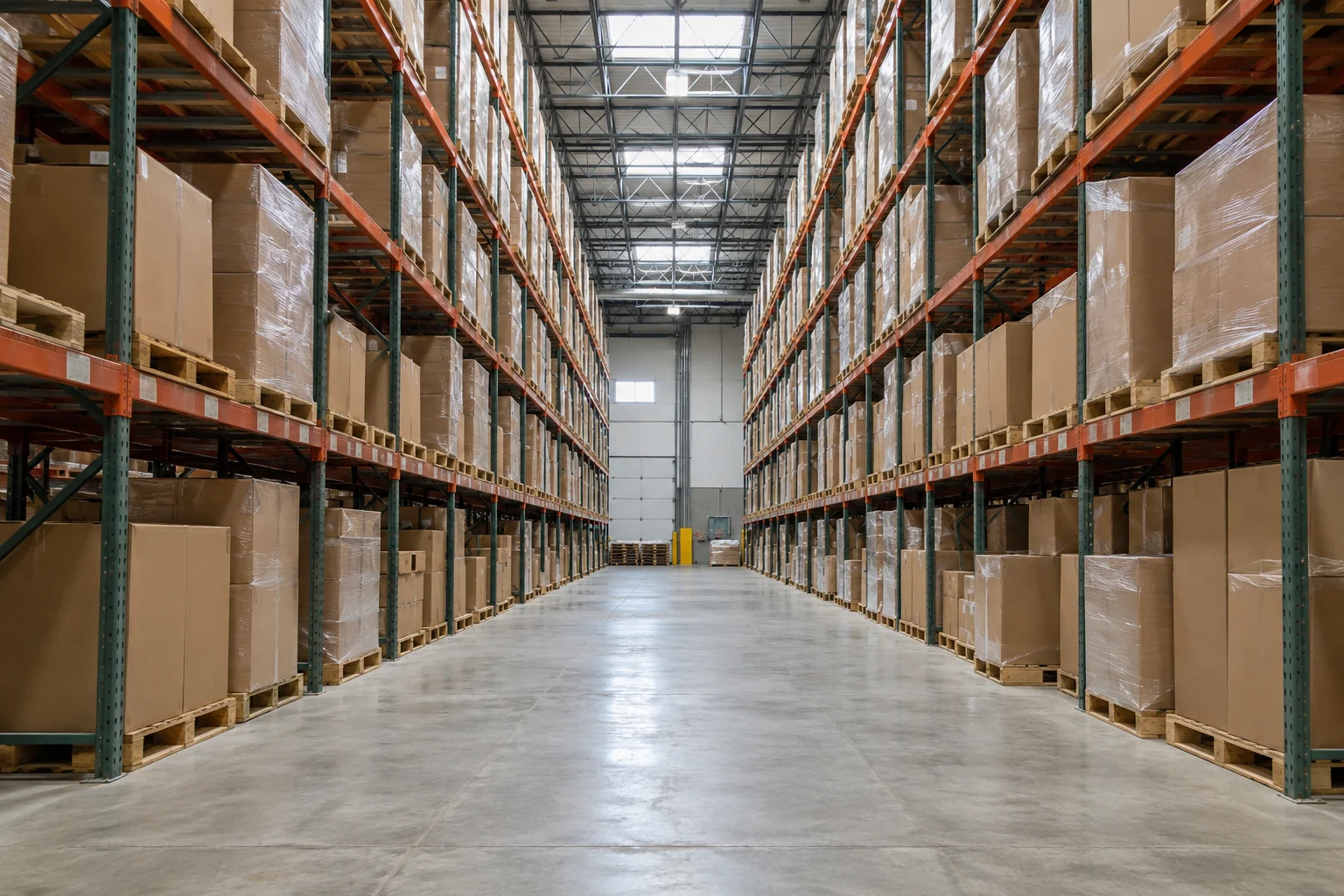 Illustrative warehouse aisle with racked cartons and palletized freight